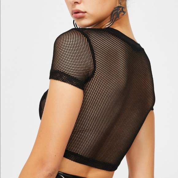 Dolls Kill Tops - Dolls Kill Black Fishnet Cap Sleeve Top